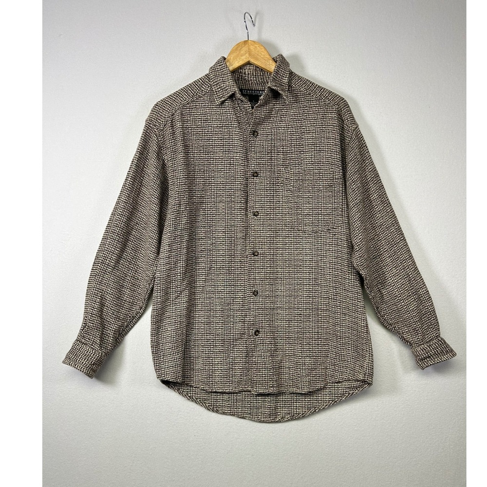 Vintage Dark Academia Structure Mens Small‎ Brown Houndstooth Cotton Button Down